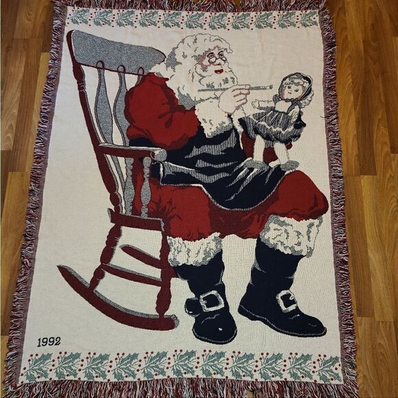 Santa Claus Christmas Throw Holiday Woven Tapestry Blanket 61" X 46" - Picture 1 of 7